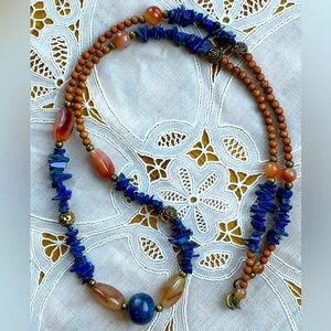 Lapis, agate, sodalite beaded necklace long vintage artsy